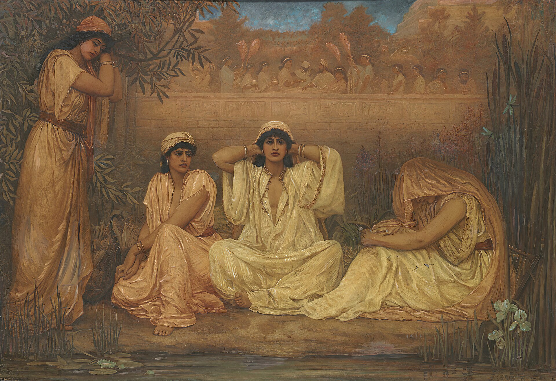 The Letter To The Exiles 1 Four young Hebrew women in pale robes sit and stand by a quiet river under willow trees, their heads bowed in sorrow, with a Babylonian wall behind them