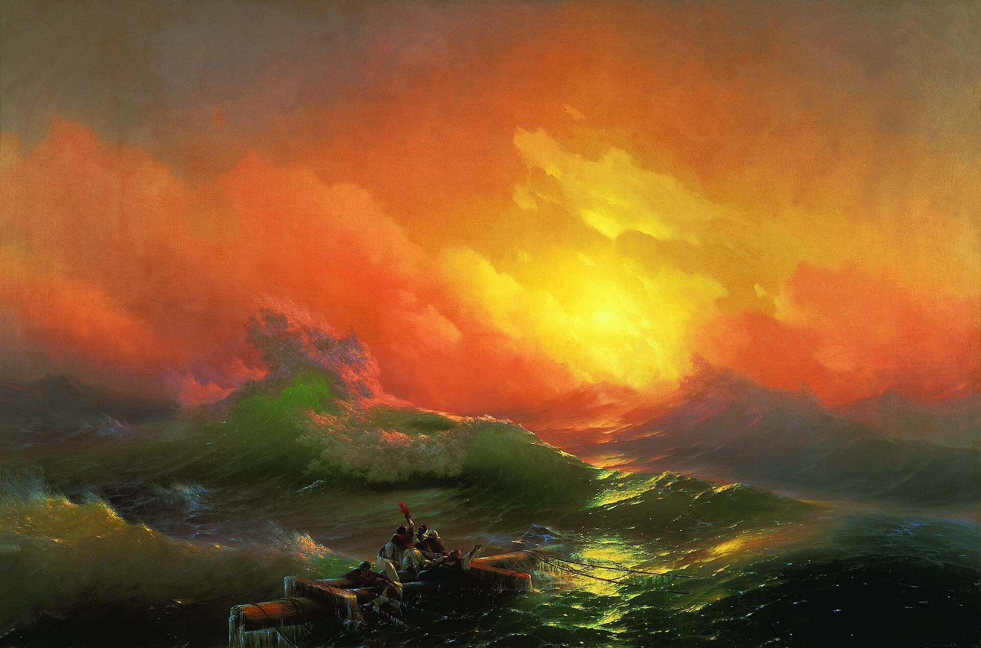 The Time Of Jacob's Trouble 1 Shipwrecked sailors cling to a broken mast in a towering sea as the sun breaks through the storm at dawn
