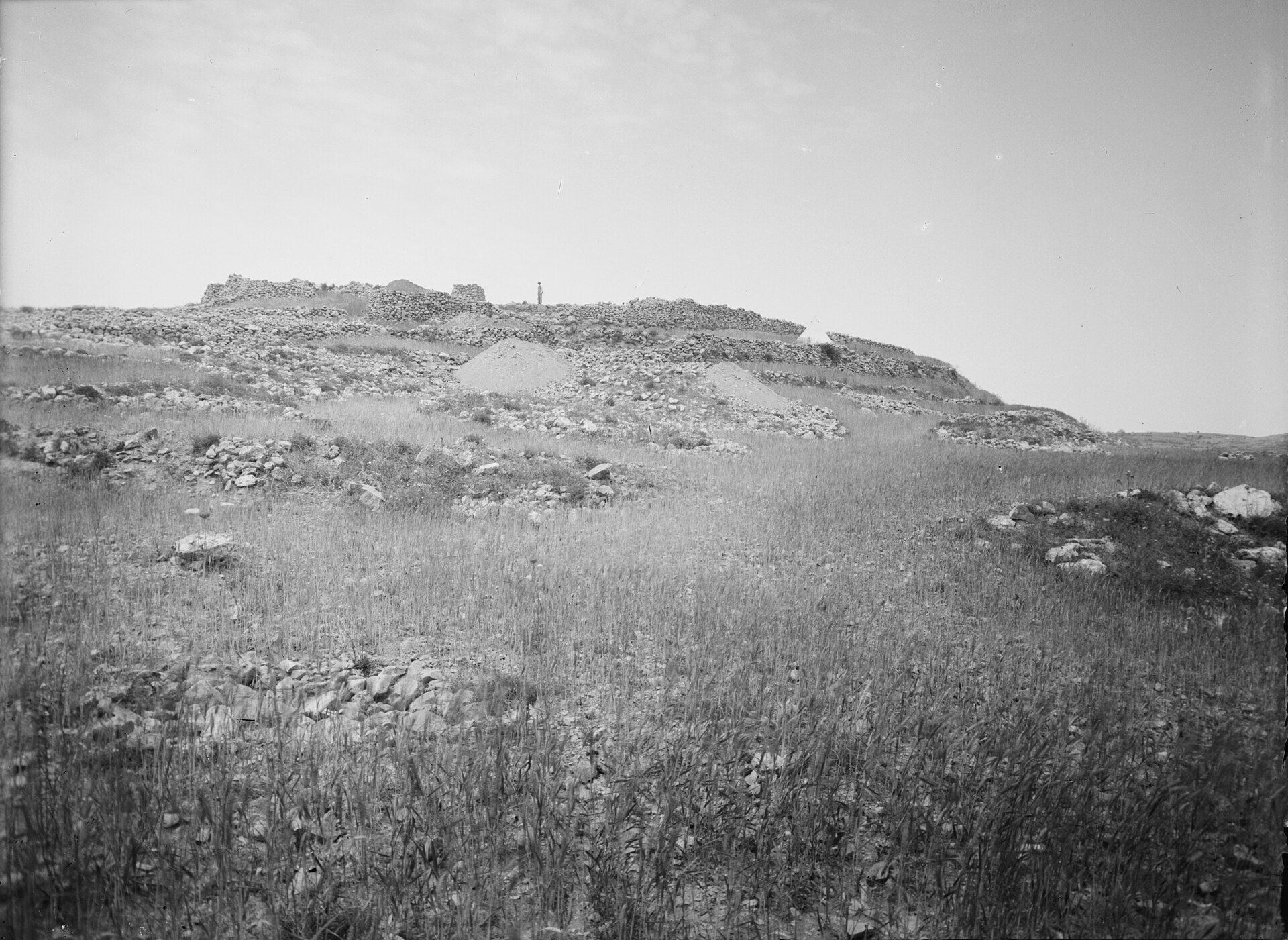 The City Taken 1 Old black-and-white photograph of a low stony hill rising above a field of tall grass, with mounds of excavated earth along its top