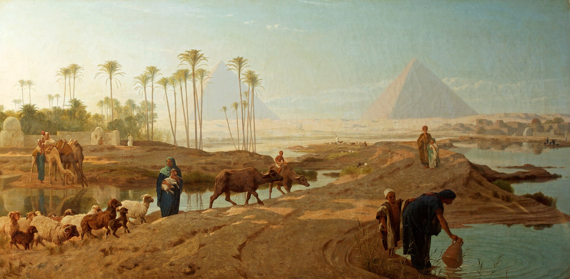 The Queen Of Heaven 1 Families with camels, cattle and sheep cross the muddy banks of the Nile among palm trees, with a great pyramid in the distance