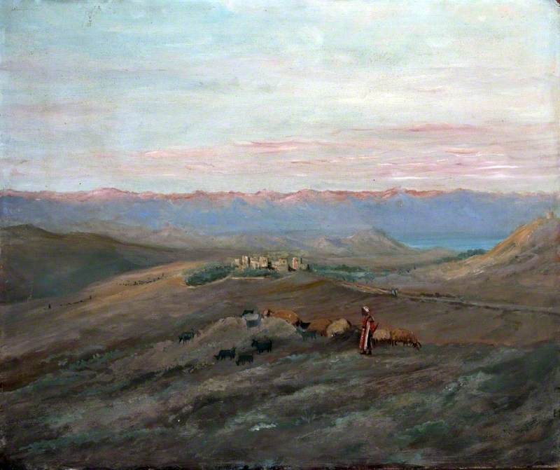 The Burdens Of The Nations 1 A painted view from the hills near Anathoth, with a shepherd and his flock in the foreground, looking east toward the Dead Sea and the pink-lit mountains of Moab