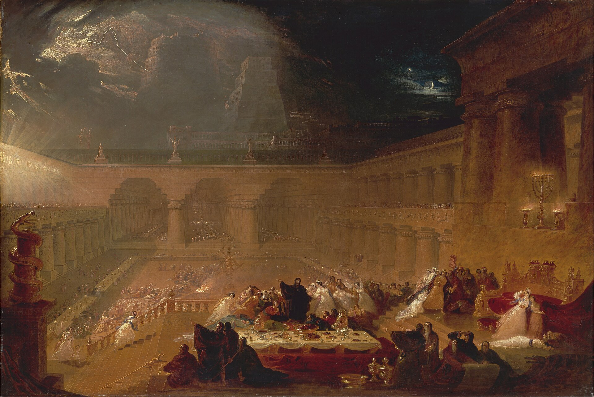 Babylon Is Taken 1 A vast torch-lit Babylonian banquet hall with towering columns and a stormy sky, where a crowd of feasting nobles recoils from glowing writing on the wall