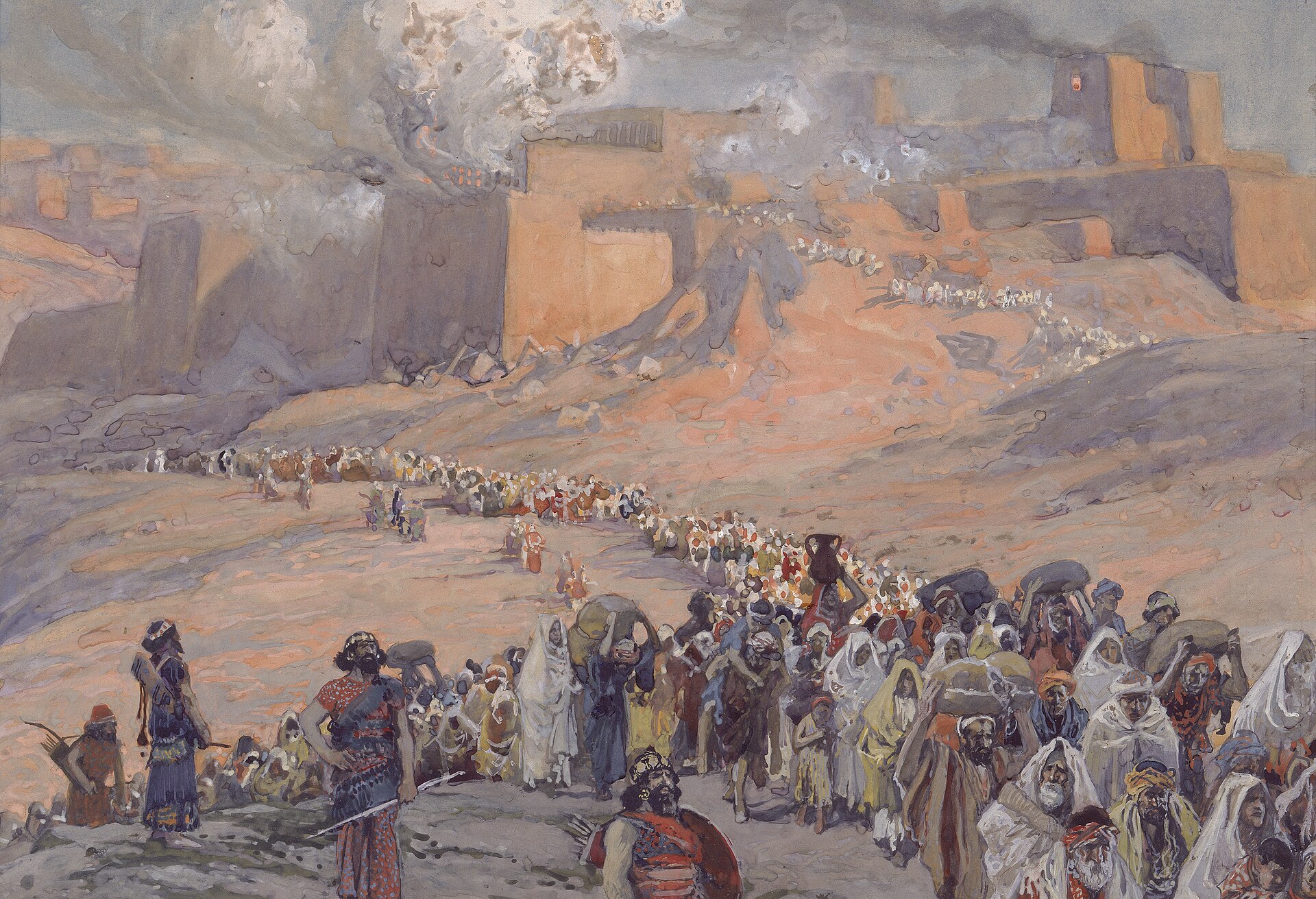 A long column of captives, many carrying bundles on their heads, winds down the hillside away from the smoking walls of Jerusalem while armed Babylonian soldiers watch in the foreground