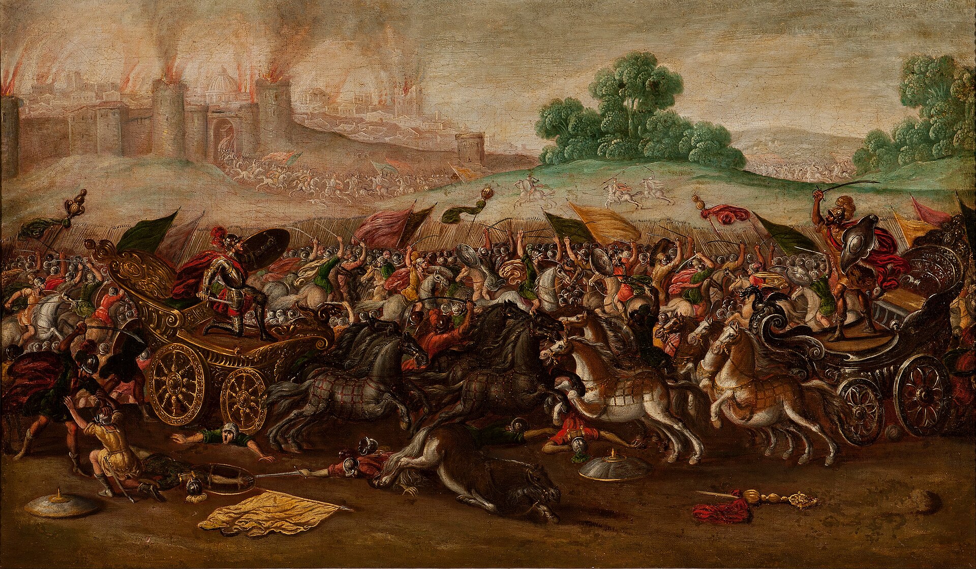 The Lord Was As An Enemy 1 Babylonian chariots and horsemen charge across a plain in a dense mass of banners and spears, while behind them the towers and walls of Jerusalem burn under clouds of smoke