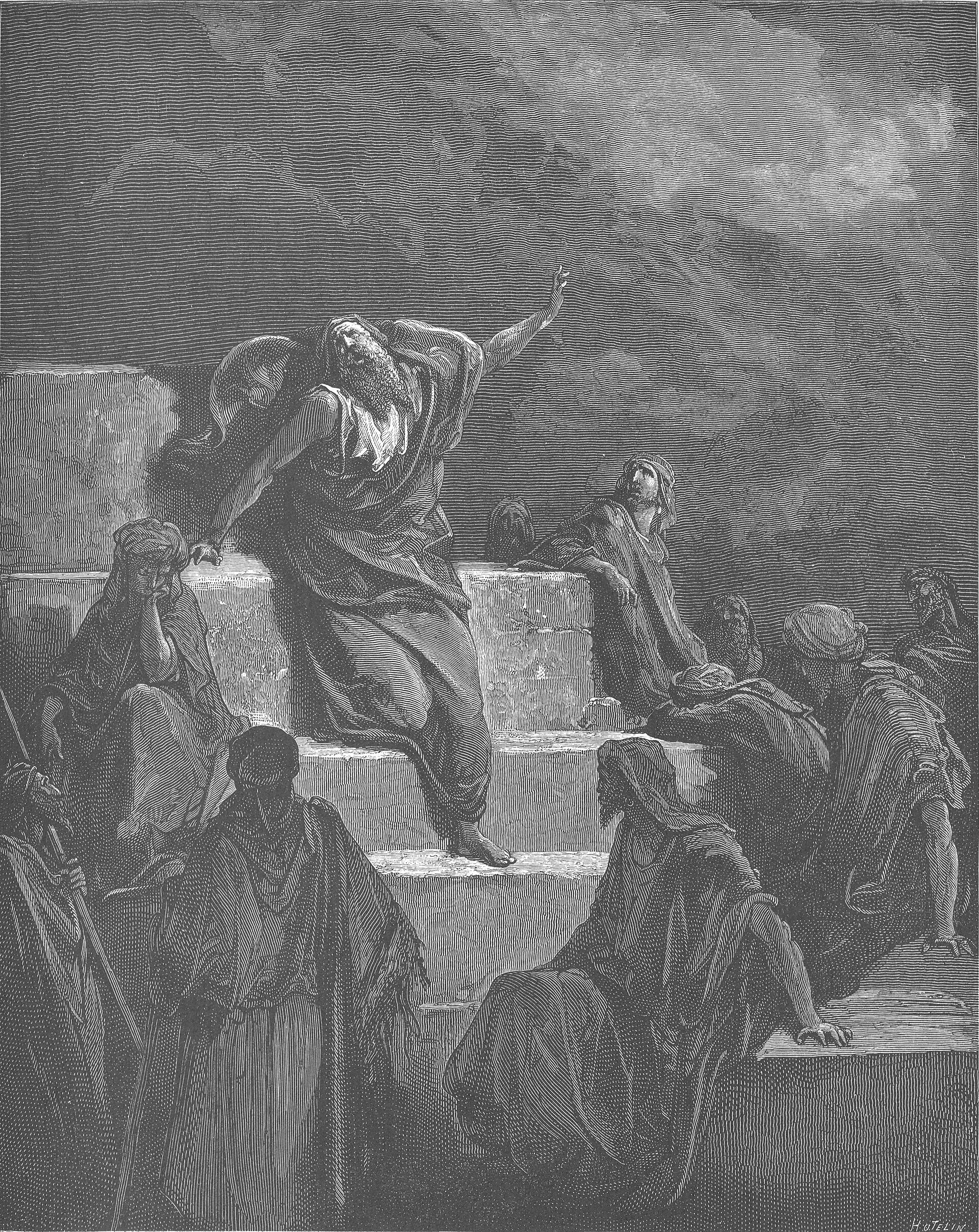 Among mourners slumped on the stone steps of a ruined city, the prophet half rises with his face lifted and one arm stretched up toward a dark and stormy sky