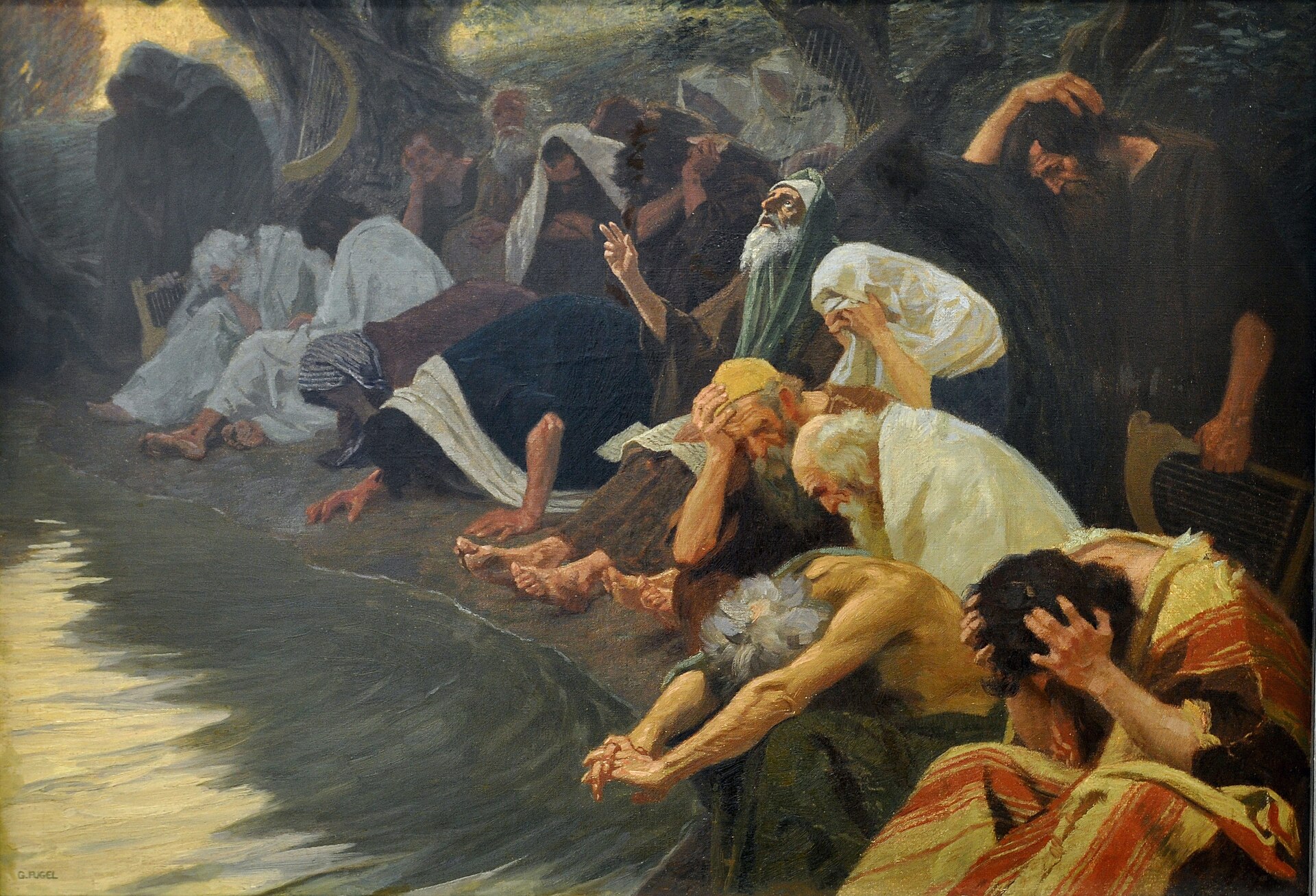 Turn Thou Us Unto Thee 1 Exiles crowd the bank of a dark river in grief, some bowed to the ground or holding their heads in their hands, one old man lifting his face and hand toward heaven, while harps lie idle among them