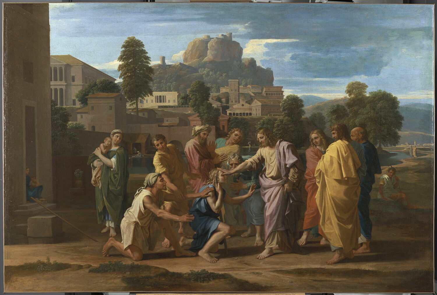 2 Powerful Lessons From The People Jesus Stopped For 1 Jesus in a rose-colored robe reaching out to touch the eyes of a kneeling blind man outside a walled town, while His disciples watch and townspeople gather, with a rocky hill and a cloudy sky behind them