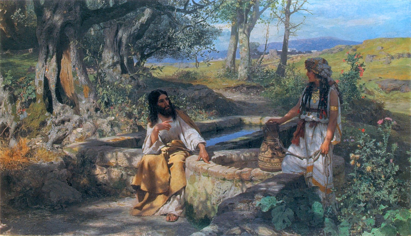 2 Powerful Lessons From The People Jesus Stopped For 2 Jesus seated on the stone rim of a well beneath shady olive trees, speaking with a Samaritan woman who stands holding a clay water jar, with sunlit hills behind them